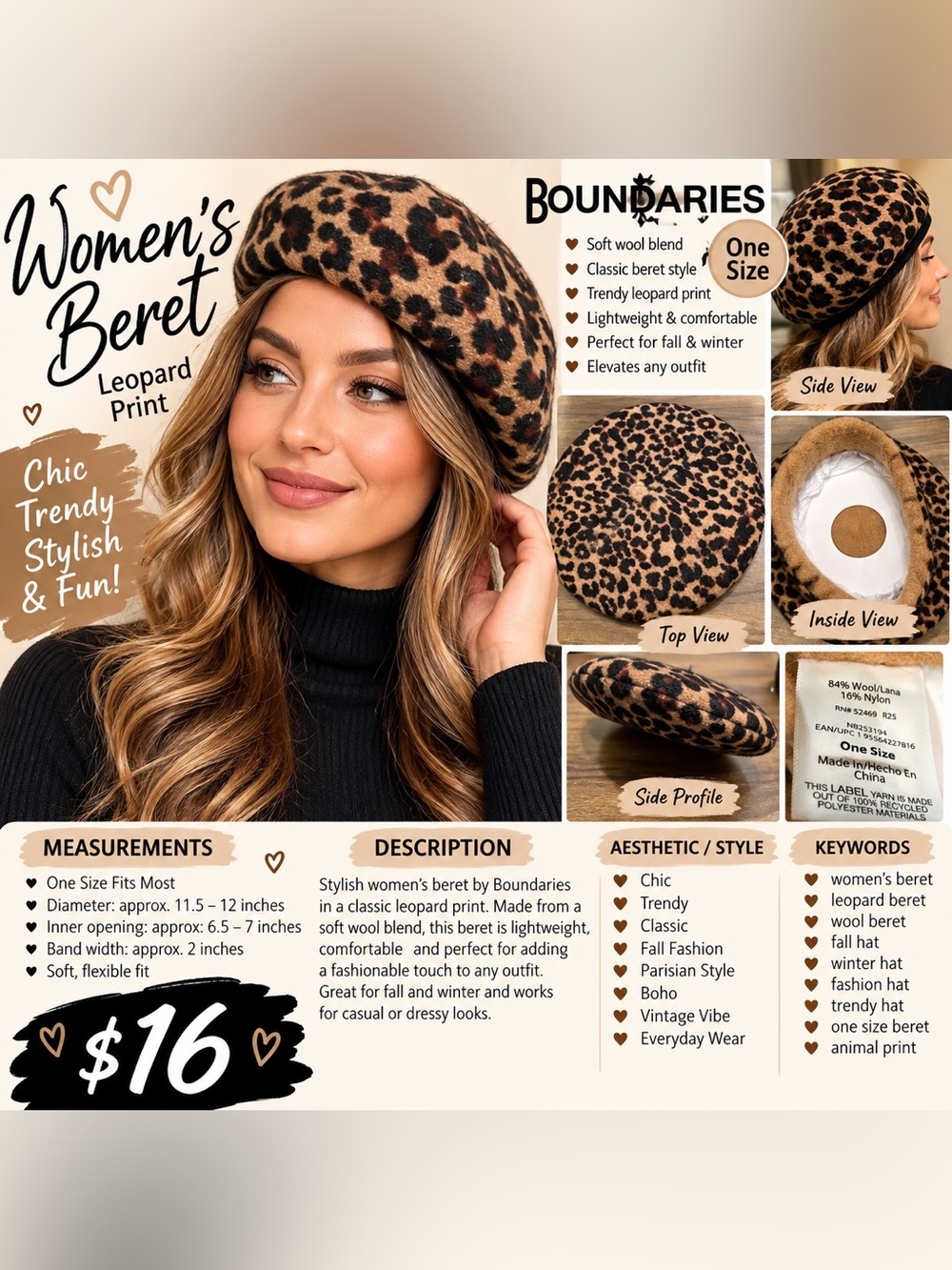 Leopard Print Round Beret Brown/Black